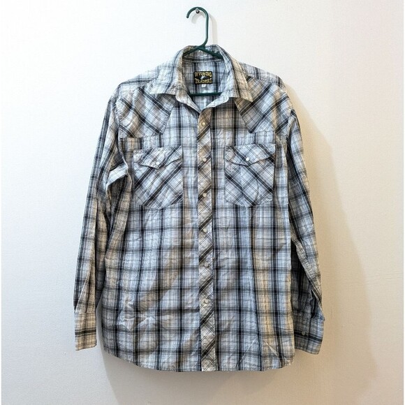 Wyoming Traders Western Blue Plaid Pearl Snap Button Down Shirt Mens Medium - Picture 1 of 12